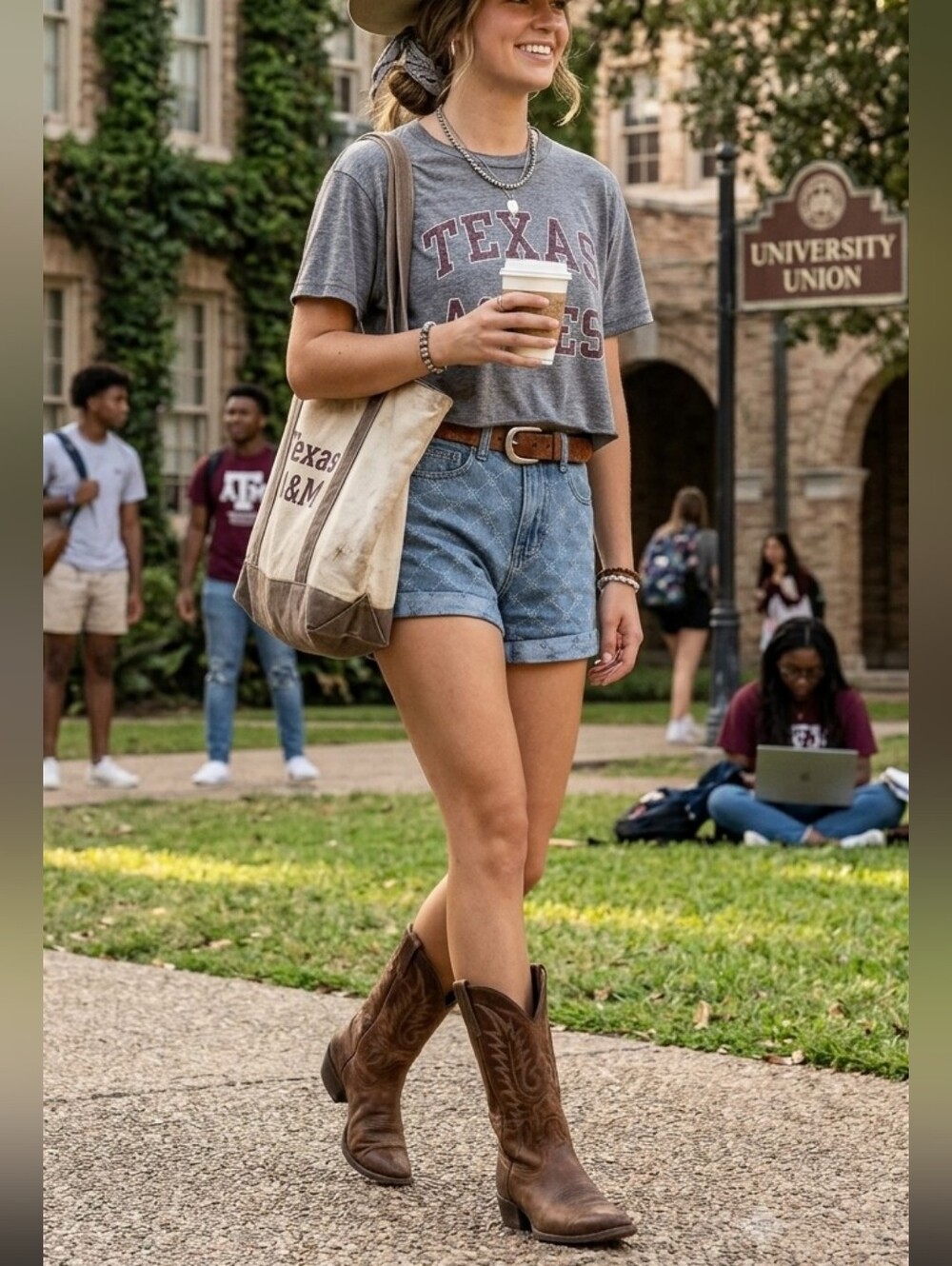 ADIKA Monogram Denim Shorts – High-Rise. Western Girl College Look Cowgirl